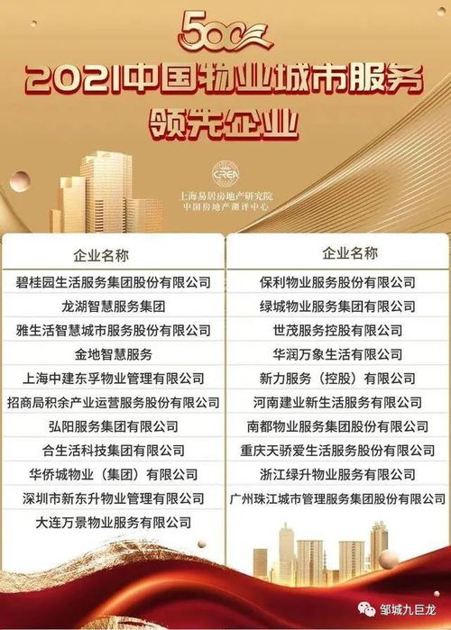 九巨龙物业荣膺物业服务企业综合实力500强